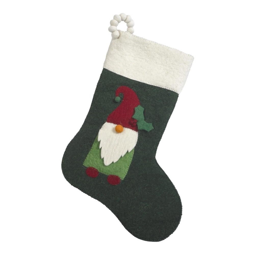 Christmas Green Stocking Hand Felted Wool Arcadia Home Gnome for the Holidays
